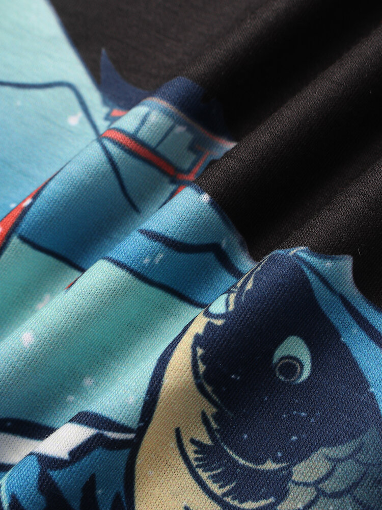 
	Mens Cartoon Wave Fish Print Short Sleeve White Ukiyoe T-Shirt