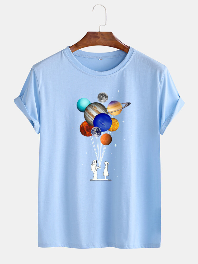
	Mens Cotton Astronaut Colorful Planet Print O-Neck Casual Short Sleeve T-Shirts