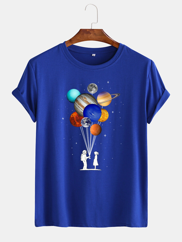 
	Mens Cotton Astronaut Colorful Planet Print O-Neck Casual Short Sleeve T-Shirts