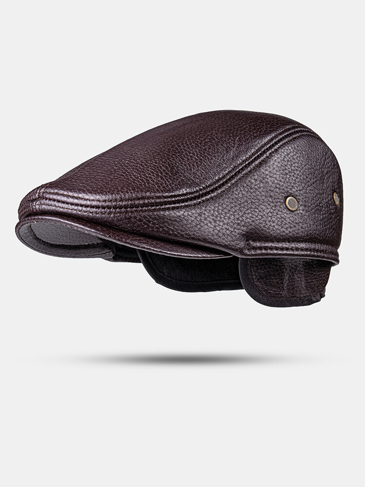 
	Men Genuine Leather Keep Warm Plus Thickness Cotton Windproof Ear Protection Forward Hat Beret Hatd Duck Tongue Hat
