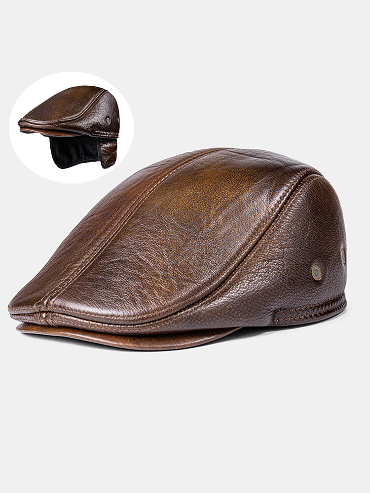
	Men Genuine Leather Keep Warm Plus Thickness Cotton Windproof Ear Protection Forward Hat Beret Hatd Duck Tongue Hat