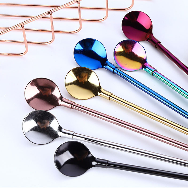 
	Colorful Reusable 2 In 1 Drinking Straws Spoon Stainless Steel Metal Straws Cocktail Milk Coffee