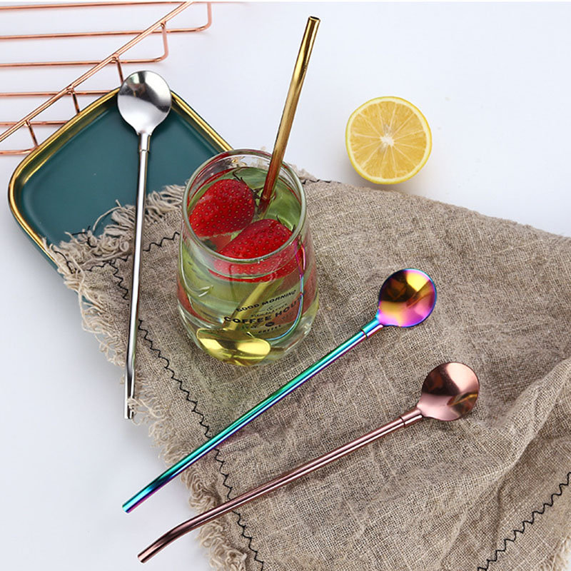 
	Colorful Reusable 2 In 1 Drinking Straws Spoon Stainless Steel Metal Straws Cocktail Milk Coffee