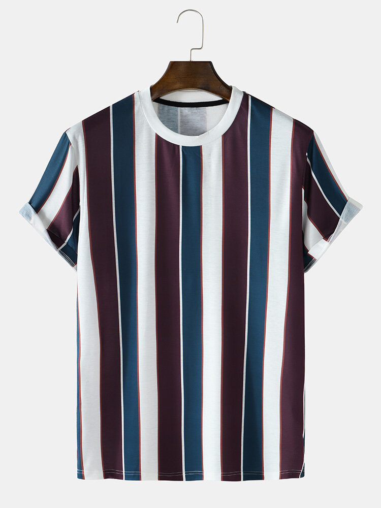 
	Mens Wide Stripe Crew Neck Preppy Short Sleeve T-Shirts