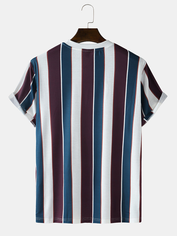 
	Mens Wide Stripe Crew Neck Preppy Short Sleeve T-Shirts