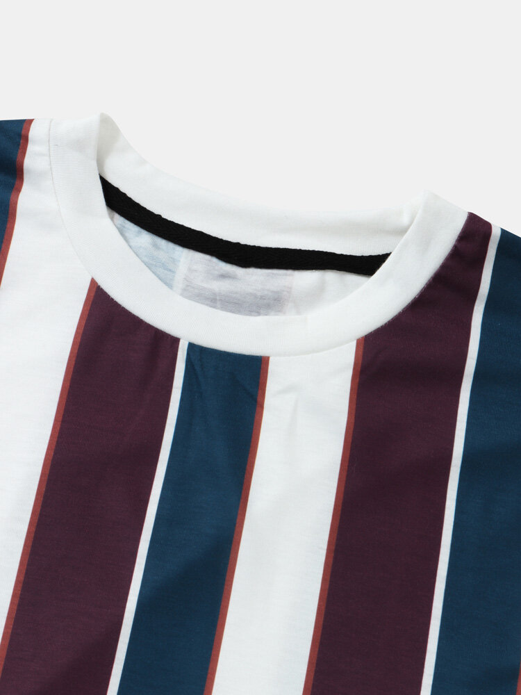 
	Mens Wide Stripe Crew Neck Preppy Short Sleeve T-Shirts