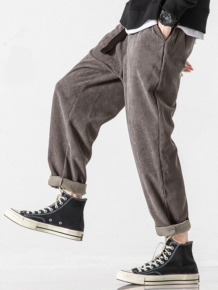 
	Mens Corduroy Solid Color Casual Push Buckle Waist Pants