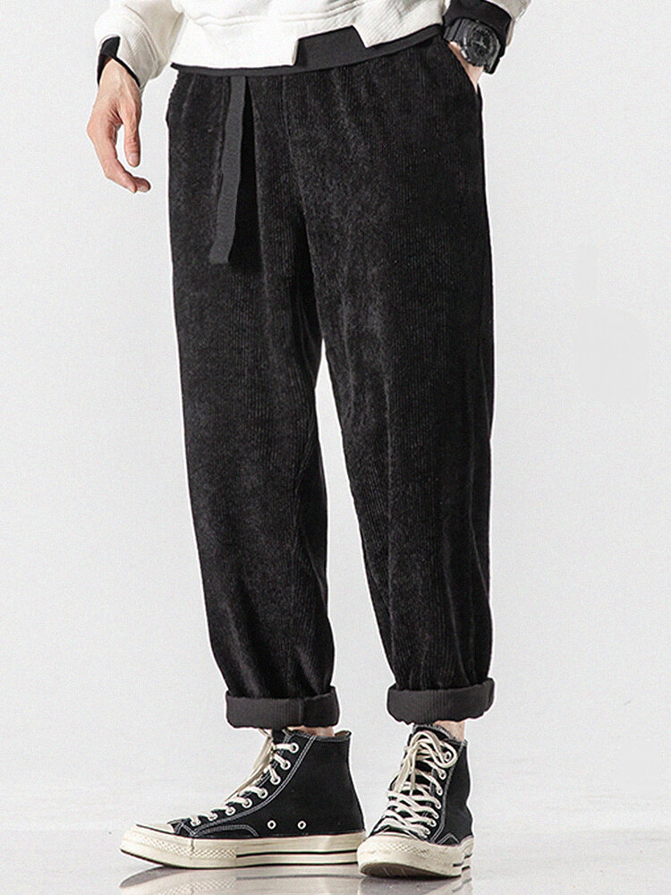 
	Mens Corduroy Solid Color Casual Push Buckle Waist Pants