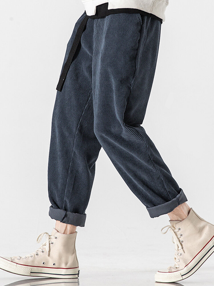 
	Mens Corduroy Solid Color Casual Push Buckle Waist Pants