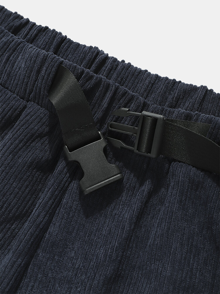 
	Mens Corduroy Solid Color Casual Push Buckle Waist Pants