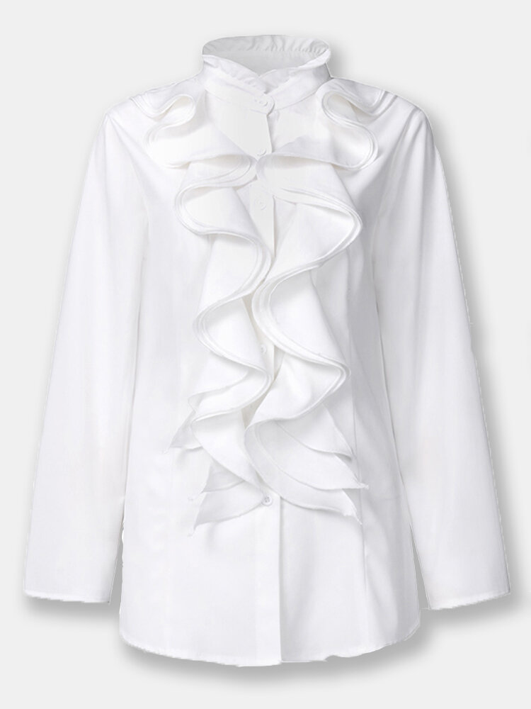 
	Ruffled Decorat Long Sleeve Button Work Elegant Blouse