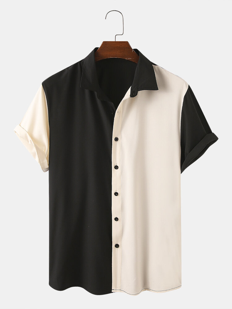 
	Men Asymmetric Color Matching Casual Short Sleeve Shirt