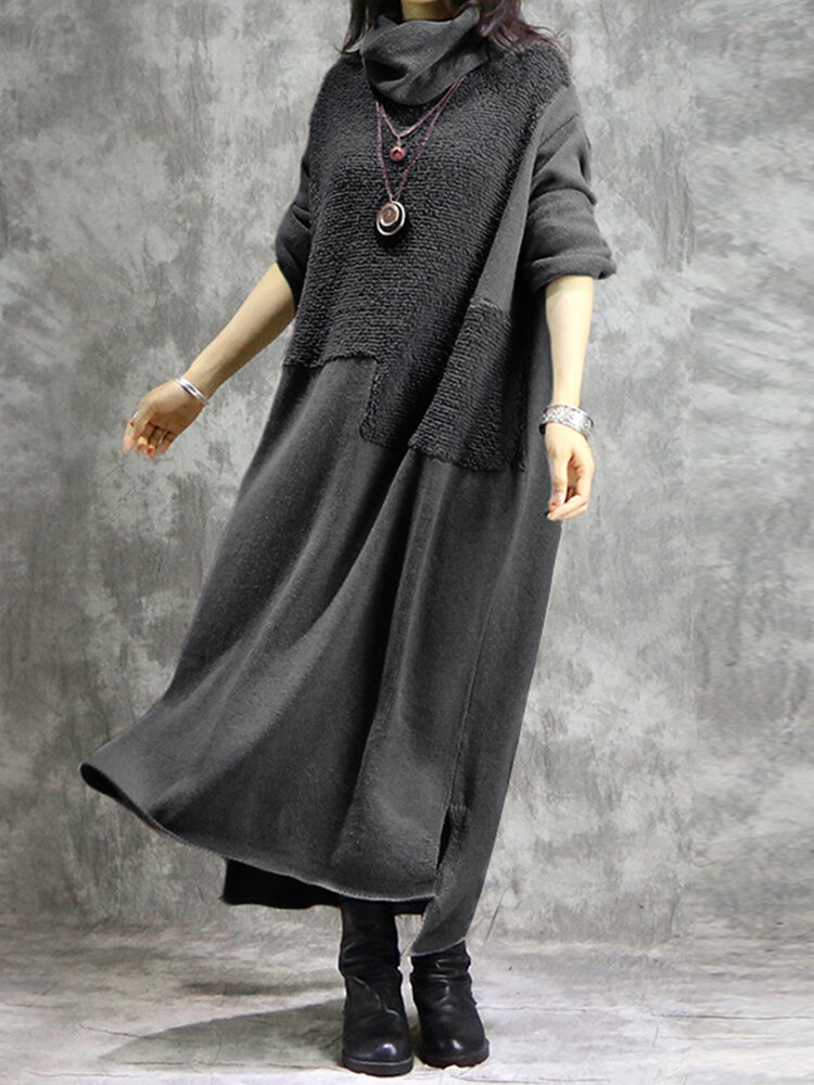 
	Solid Color Plush Patchwork Turtleneck Long Sleeve Dress