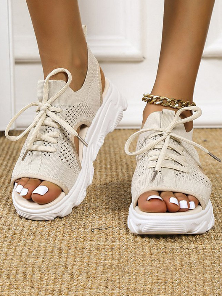 
	Women Casual Lace-up Comfy Knit Open Toe Platform Sandals