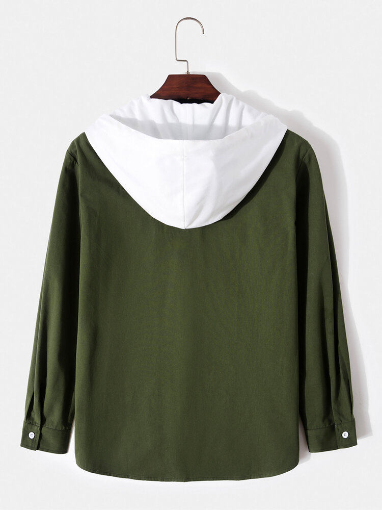 
	Mens Solid Button Up Drawstring Hooded Shirts With Flap Pocket