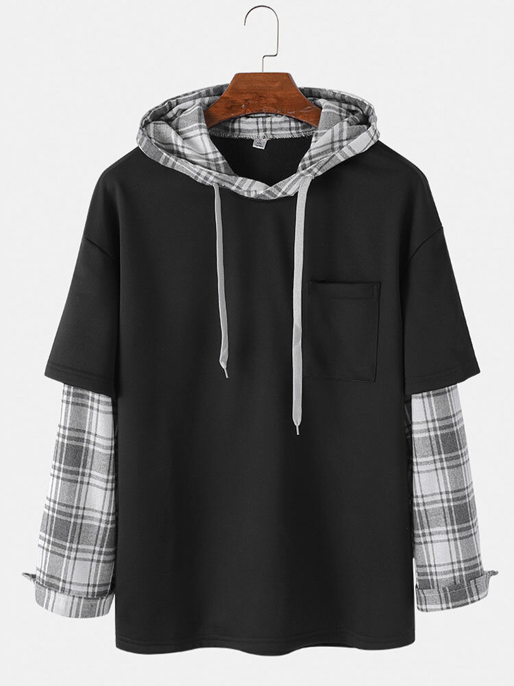 
	Mens Patchwork Plaid Contrast Faux Twinset Casual Drawstring Hoodies With Pocket