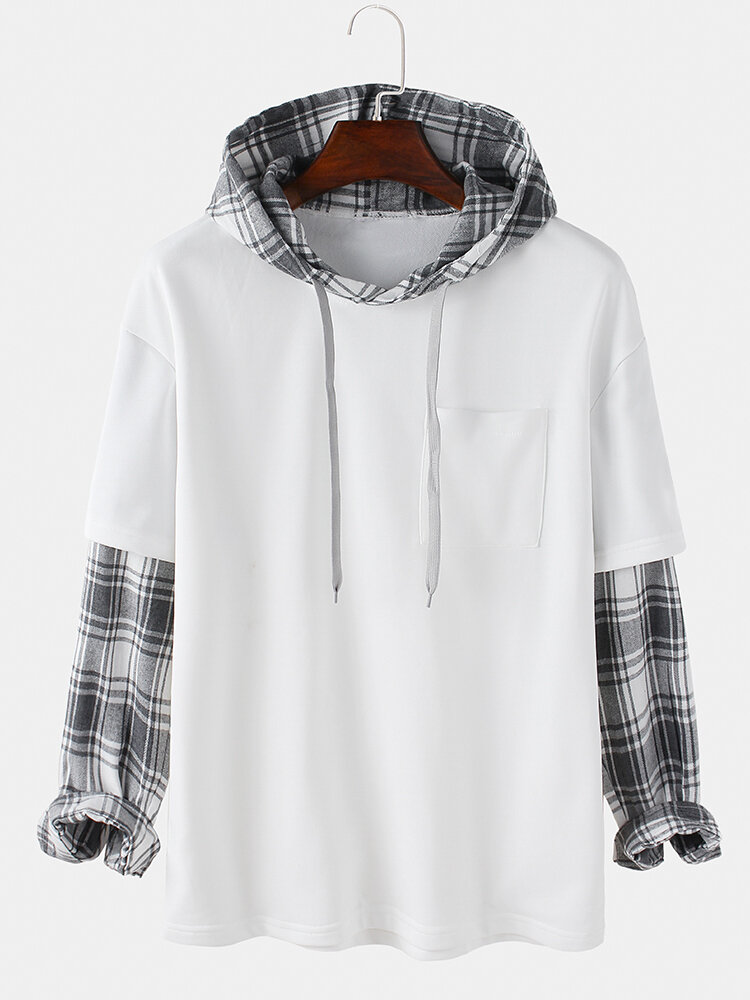 
	Mens Patchwork Plaid Contrast Faux Twinset Casual Drawstring Hoodies With Pocket