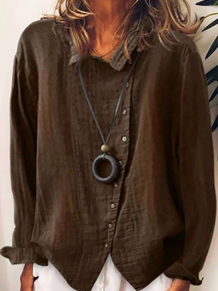 
	Button Lapel Solid Color Long Sleeve Casual Shirt For Women
