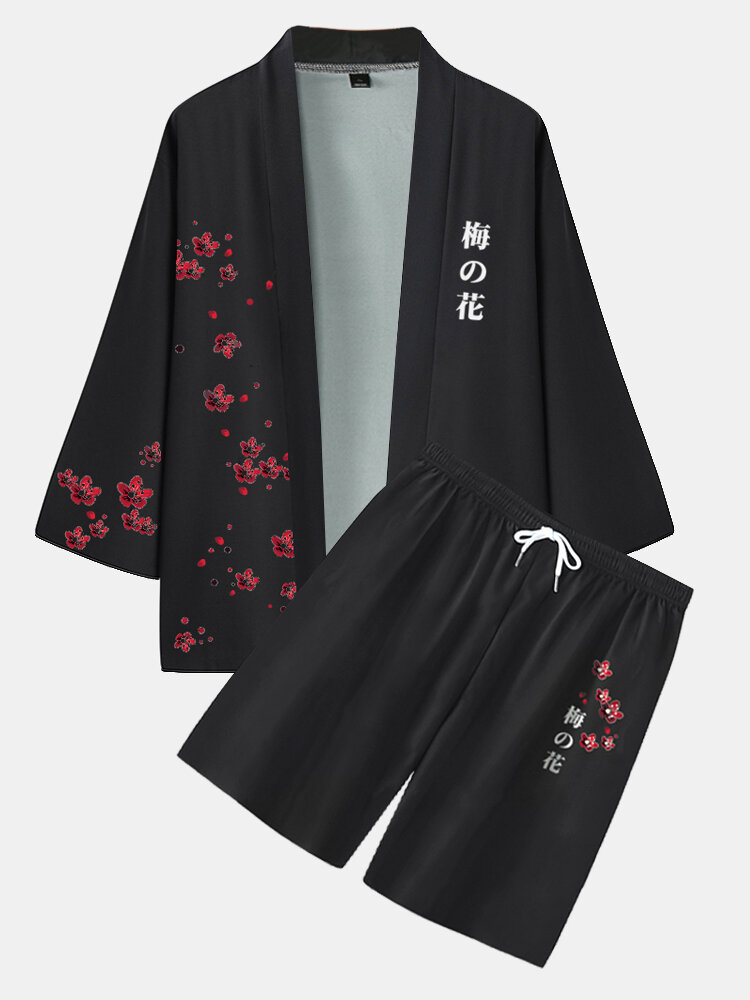 
	Mens Plum Bossom Japanese Pirnt Open Front Kimono Two Pieces Outfits