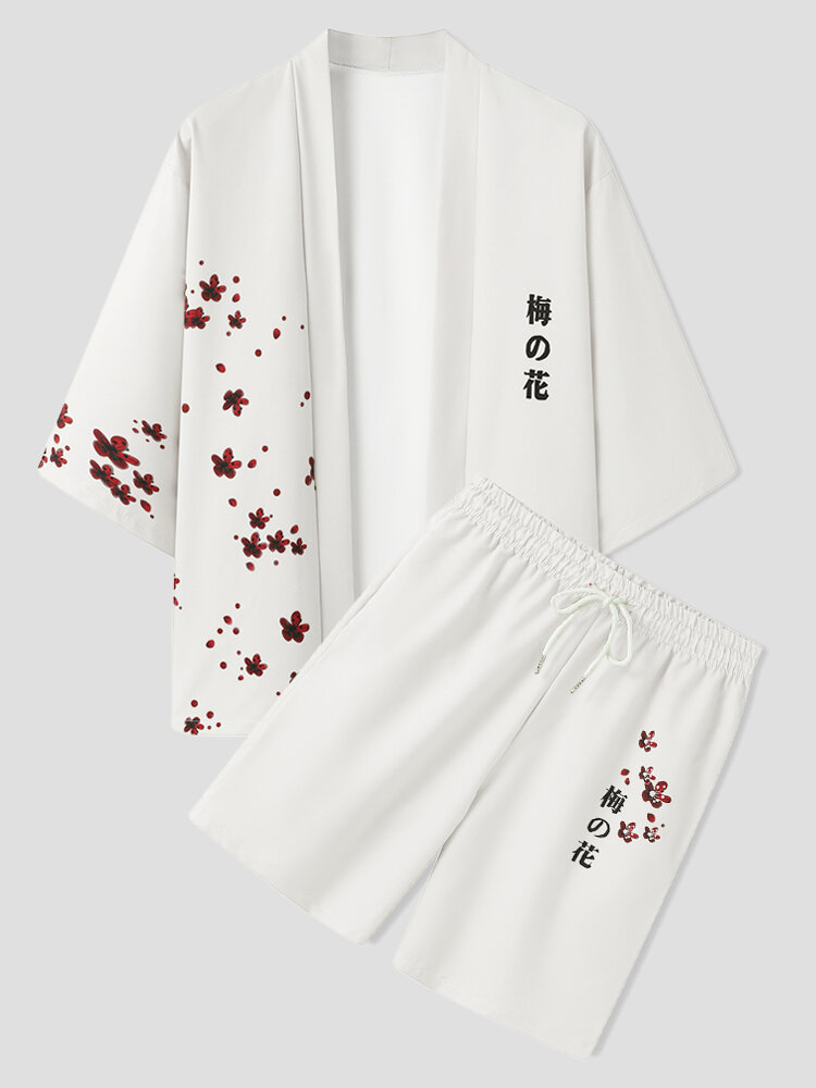 
	Mens Plum Bossom Japanese Pirnt Open Front Kimono Two Pieces Outfits