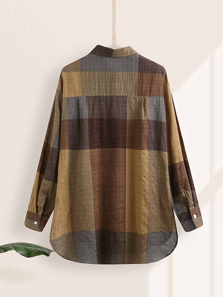 
	Plaid Print Long Sleeves Casual Loose Blouse With Pockets