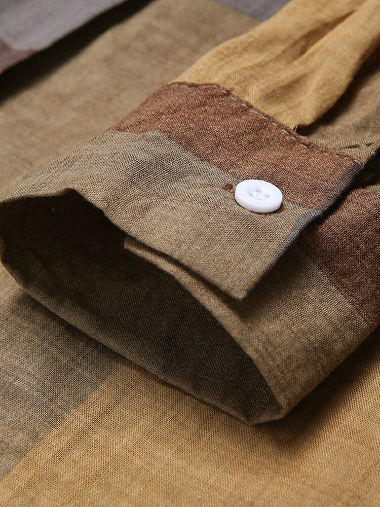 
	Plaid Print Long Sleeves Casual Loose Blouse With Pockets