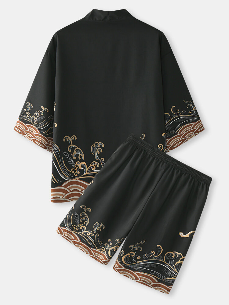 
	Mens Japanese Waves Print Open Front Kimono Two Pieces Outfits