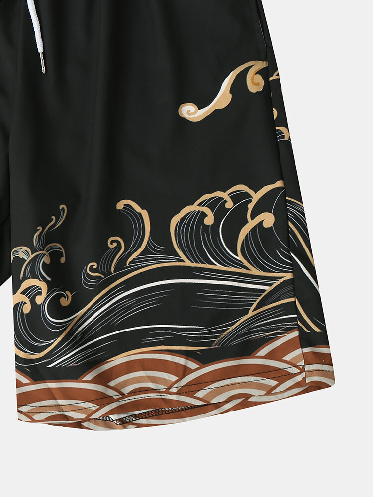 
	Mens Japanese Waves Print Open Front Kimono Two Pieces Outfits