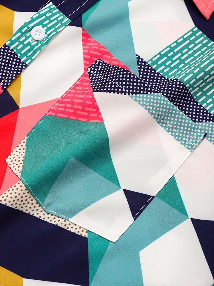 
	Designer Mens Colorful Mixed Colorblock Lapel Holiday Short Sleeve Hawaiian Shirts