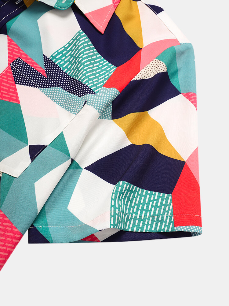 
	Designer Mens Colorful Mixed Colorblock Lapel Holiday Short Sleeve Hawaiian Shirts