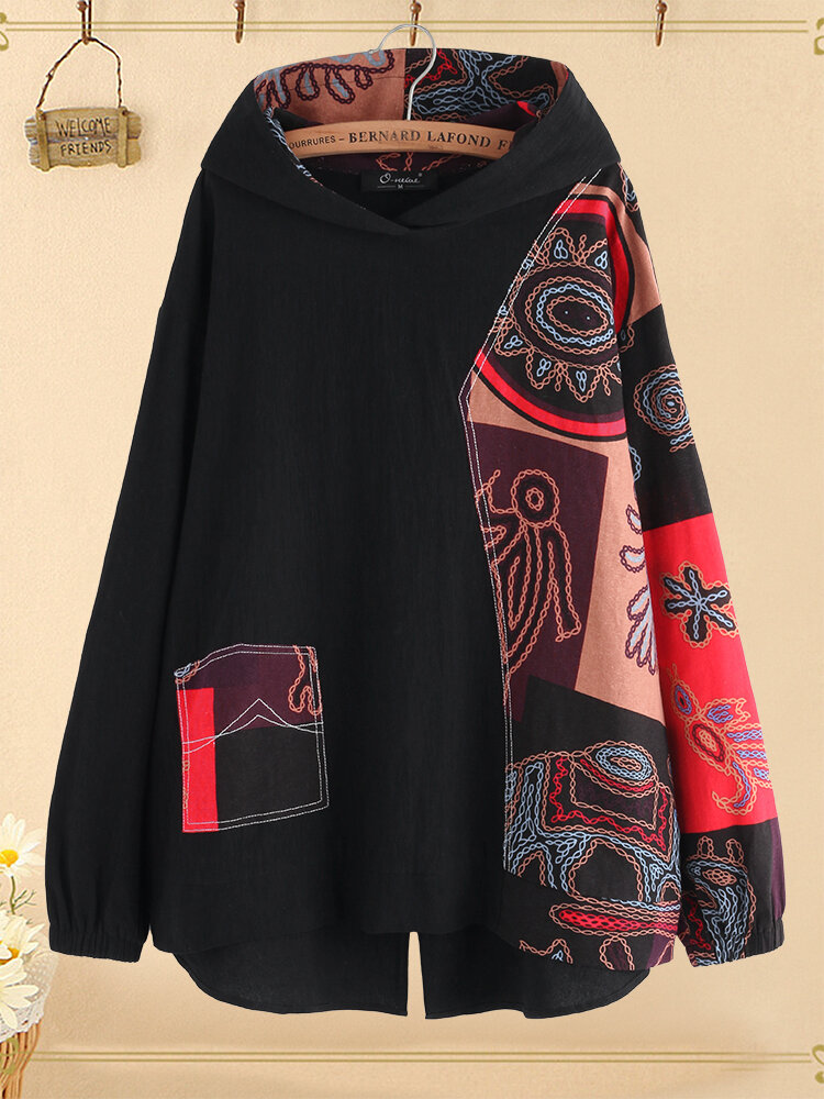 
	Vintage Printed Patchwork Irregular Plus Size Hooded Blouse